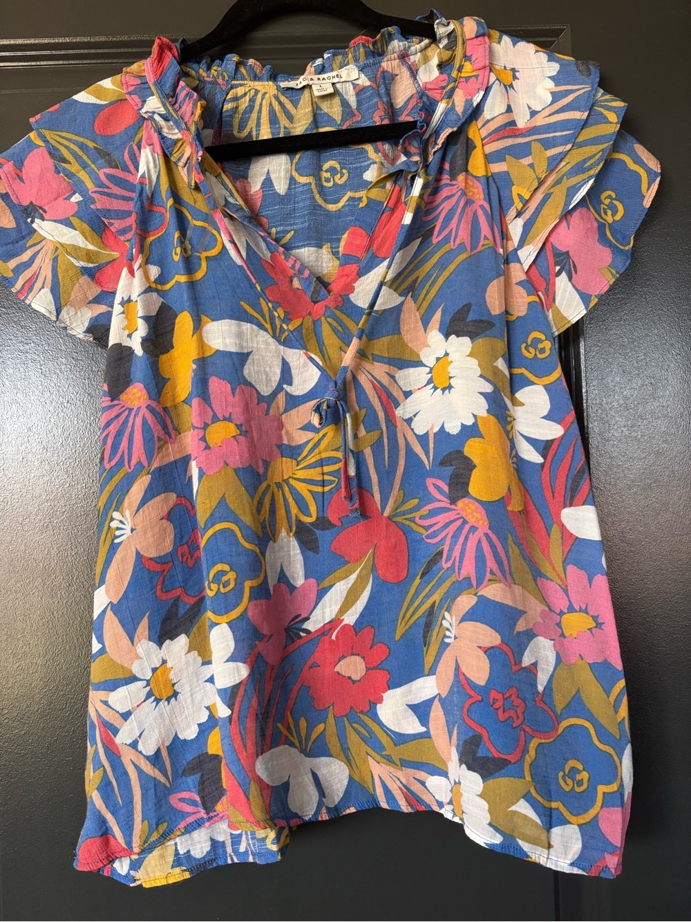 Zac & Rachel Blue Floral Ruffle V-Neck Blouse
